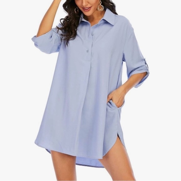 NEW!! Light Blue Loose Fit Shirt Dress with Pockets - Size M NWOT - Picture 1 of 4